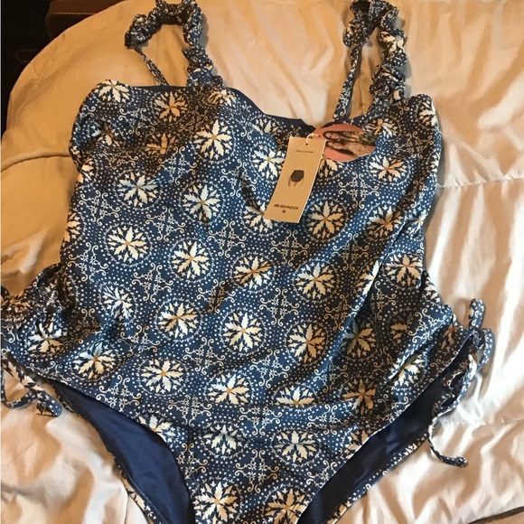 Aguabendita 3X plus size blue tile Ruffle sleeve one piece swimsuit NWT - Picture 2 of 7